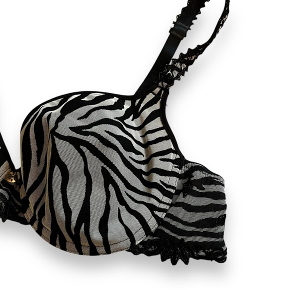 Chantelle Underwire Bra Zebra Print Mesh Black White Made in France Size 36B - Picture 2 of 11